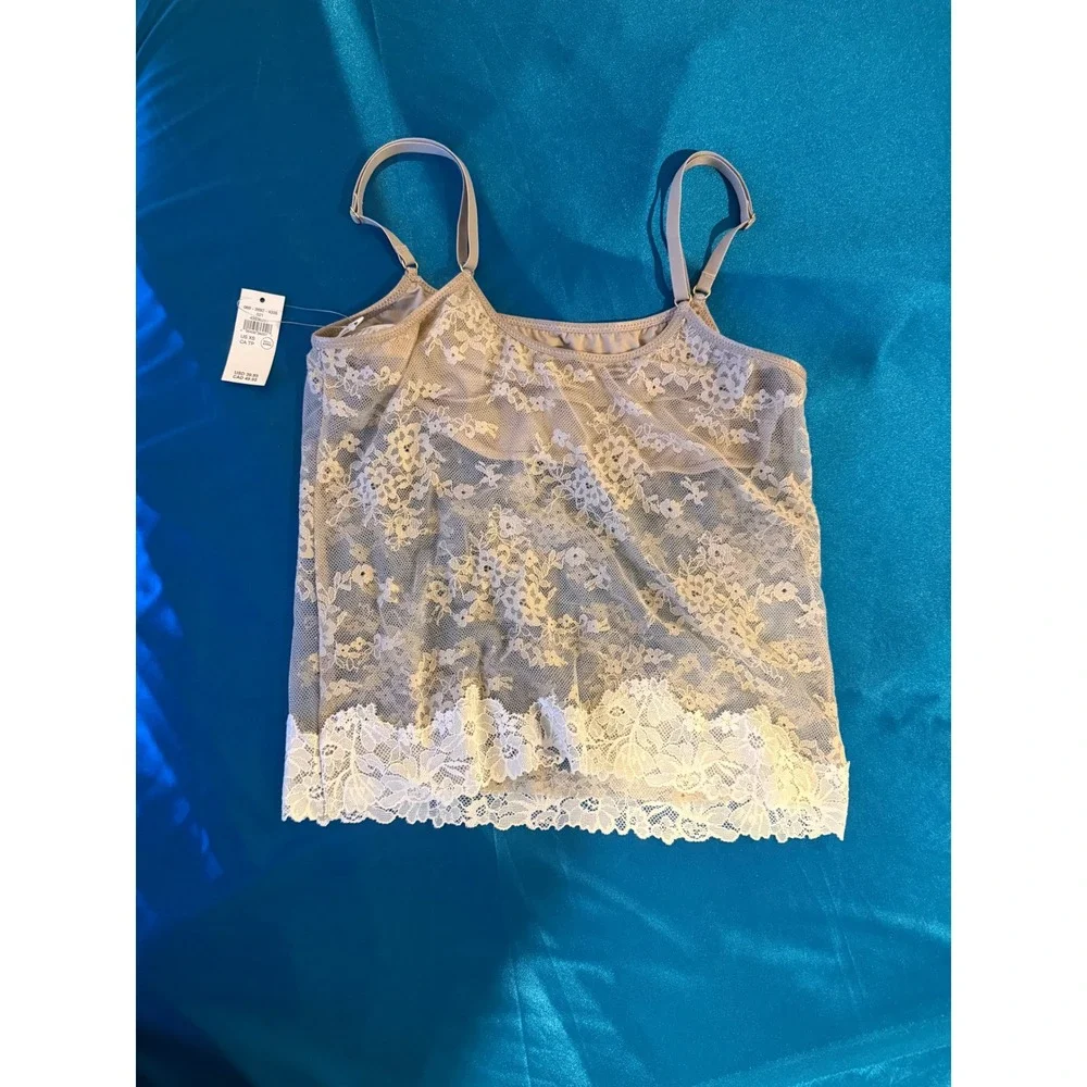 NWT Show Off by Aerie Floral Lace Mesh Cami Tank XS Taupe Ivory